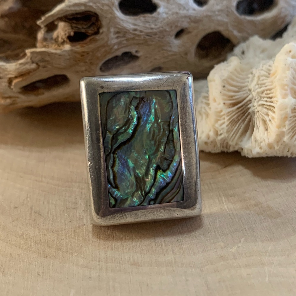 Vintage Retro Chunky 925 Sterling Silver Oblong Abalone Ring Mexico Adjustable